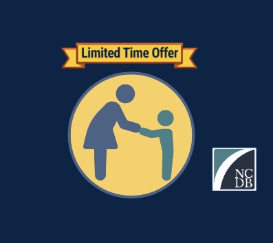 A simple digital drawing of an adult and child facing each other while holding hands. A yellow banner above the image says "Limited Time Offer". The logo for NCDB is on the right side of the drawing.