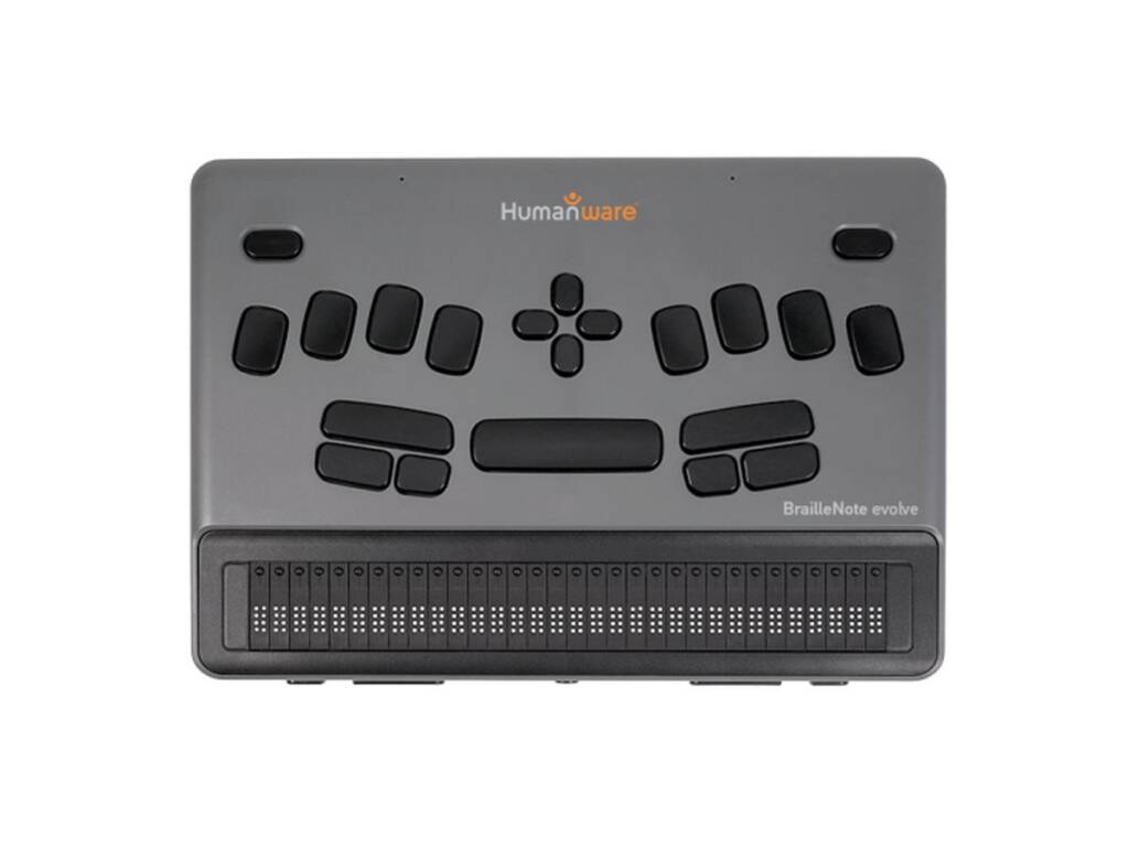 Top view of the Humanware BrailleNote Evolve showing an 8-dot Perkins-style keyboard, arrow keys, and a 32-cell braille display along the front edge.