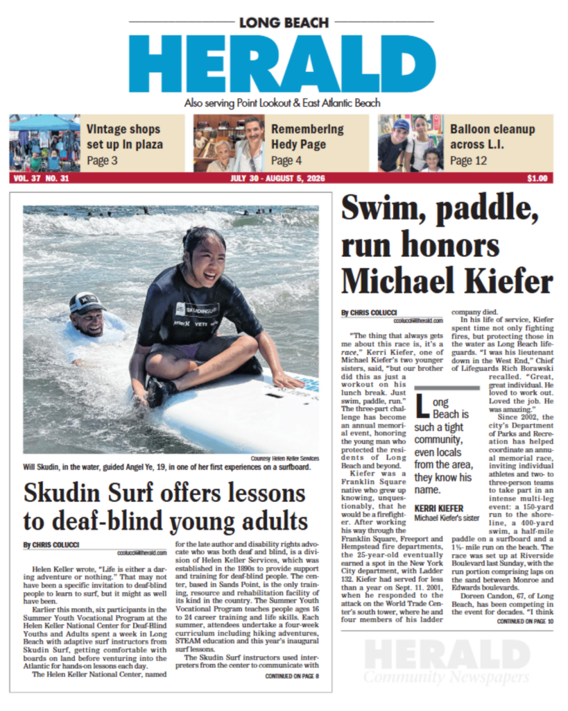 Front page of the Long Beach Herald, July 30, 2026, featuring the cover story "Skudin Surf offers lessons to deaf-blind young adults" with a photo of a Summer Youth Vocational Program participant on a surfboard.