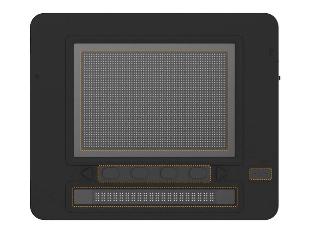 Diagram of the Dot Pad X highlighting its large tactile graphics display, four function buttons with panning keys, and a 20-cell braille line at the bottom.
