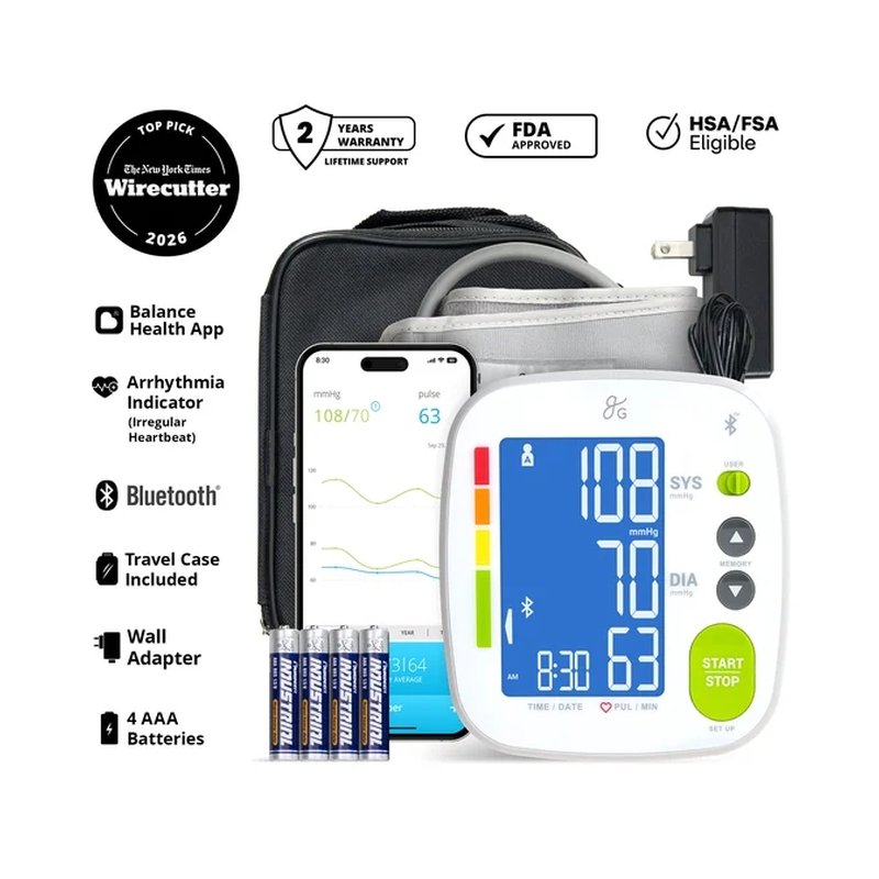 Greater Goods blood pressure monitor with a large digital display and gray arm cuff.