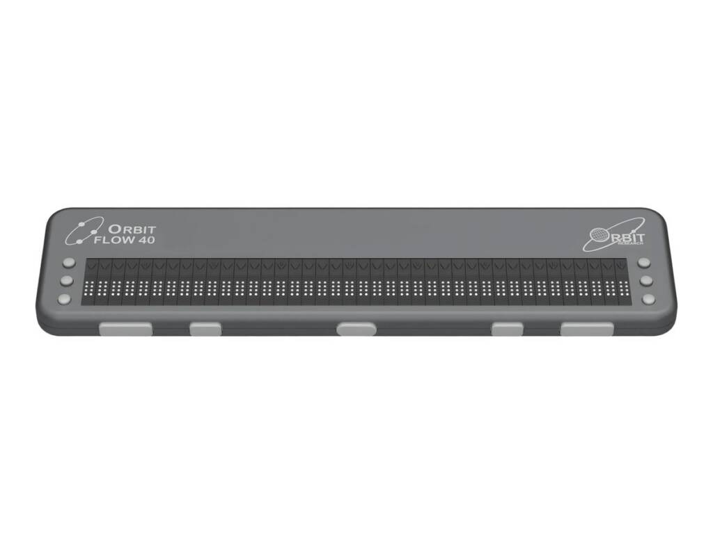 The Orbit Flow 40 braille display, a slim gray device with a row of 40 braille cells, cursor routing buttons above them, and five thumb keys along the front edge.
