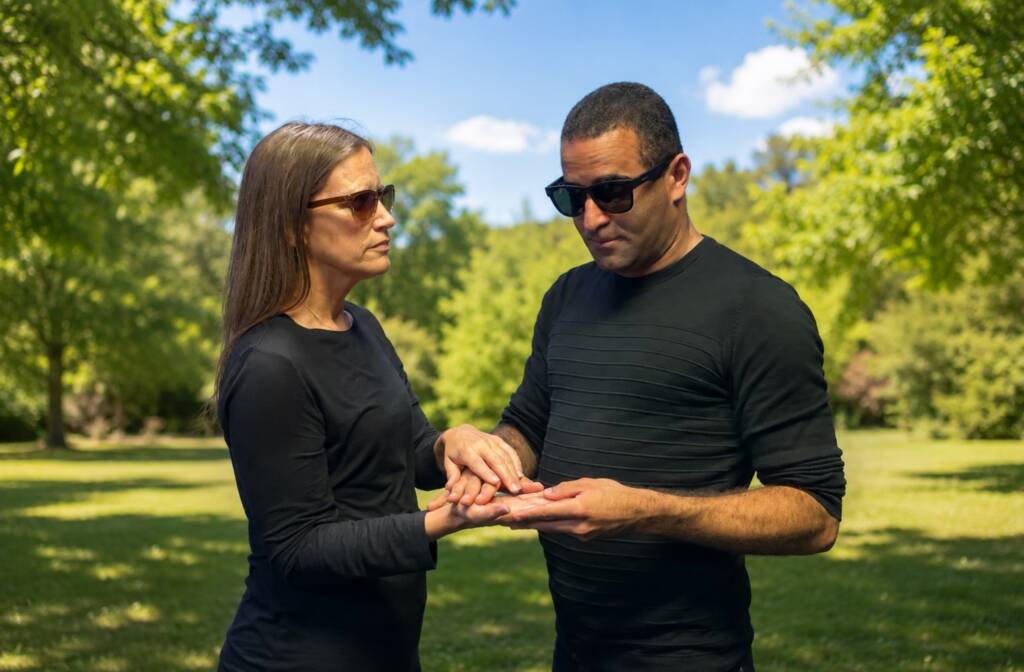 Two people stand facing each other outdoors in a sunny park while communicating using Protactile language.