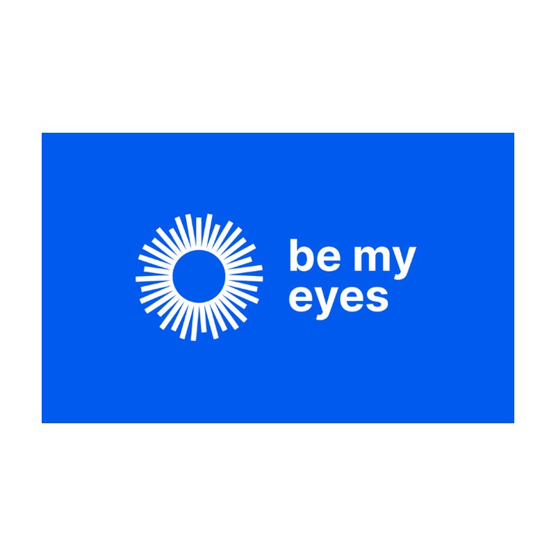 Be My Eyes logo, a white starburst symbol beside the words be my eyes on a blue background.