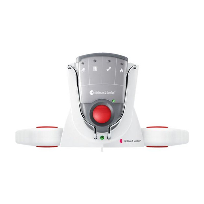 Bellman and Symfon pager charging station, a white base holding a gray pager with a red button, flanked by two white charging pads.