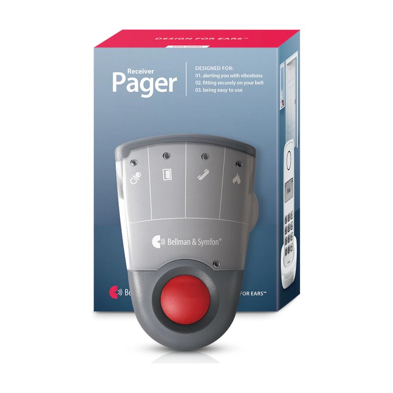 Bellman and Symfon Pager receiver shown in front of its retail box, a gray and white handheld device with a large red button.