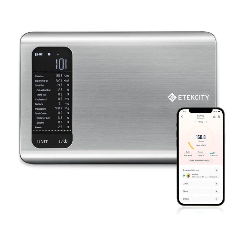 Etekcity stainless steel food scale with a nutrition readout panel, shown beside a smartphone displaying the companion app.