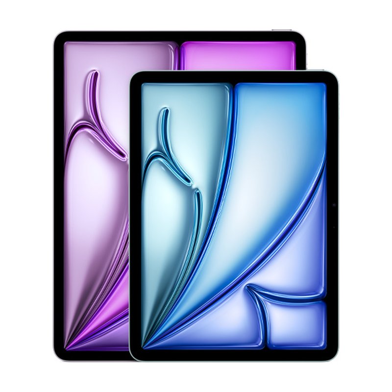 Two iPad tablets shown front and back, with purple and blue abstract wallpaper on the screens.