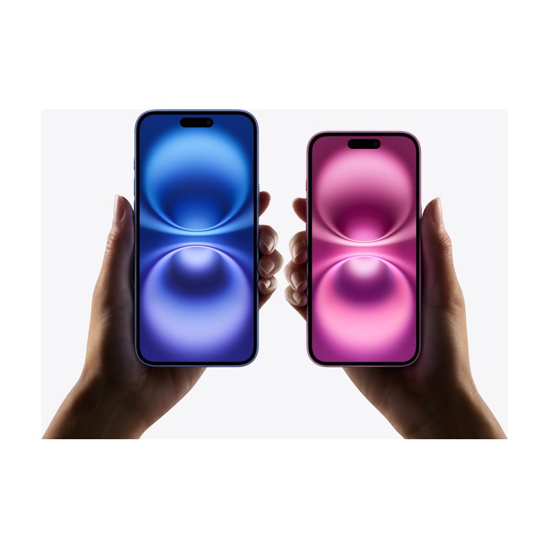 Two hands each holding an iPhone, one screen showing blue wallpaper and the other pink.
