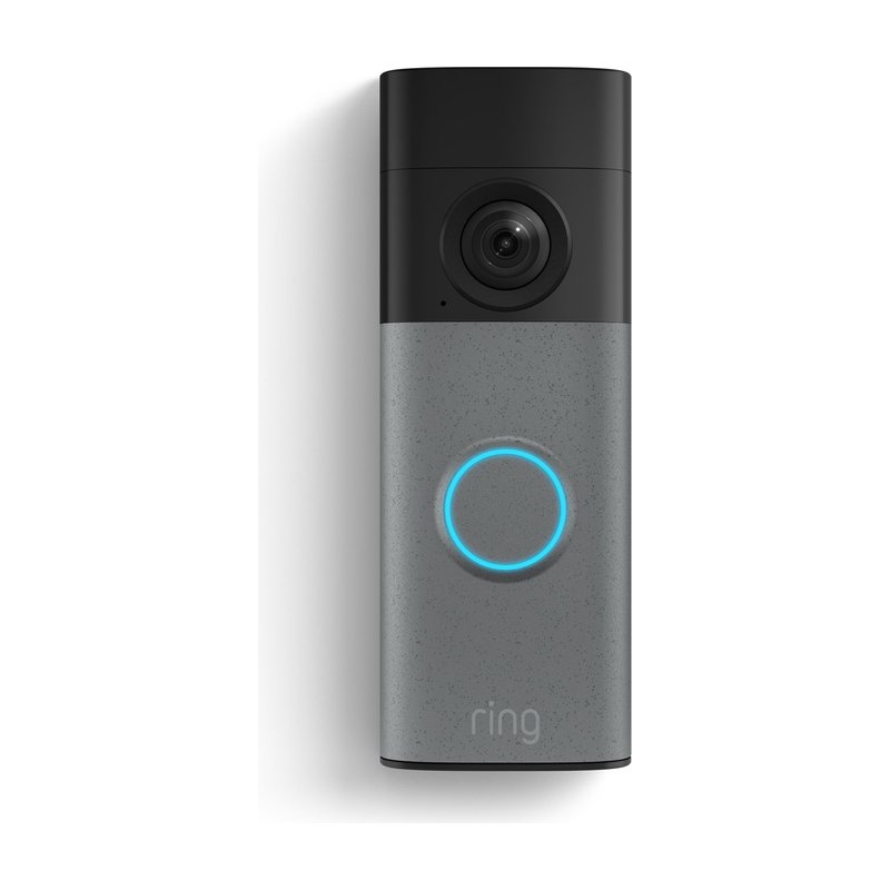 Ring video doorbell with a black camera housing at the top, a silver faceplate, and a round button ringed in blue light.