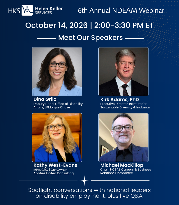 Speaker announcement for Helen Keller Services' NDEAM Webinar, October 14, 2026, with headshots of the four panelists.