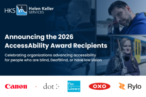 Announcing the 2026 AccessAbility Award Recipients: Canon, Dot, Indianapolis Public Library, OXO, and Rylo. Photos show a man wearing a hearing air, a man listening to a phone, a woman with a white cane at a train station, and a guide dog in harness.